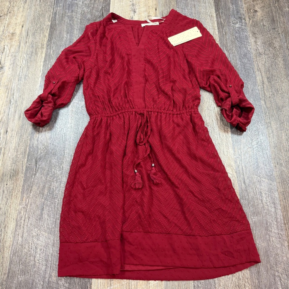 Daniel Rainn Red Swiss Dot Split Neck Mini Dress Roll Tab Long Sleeve Size S